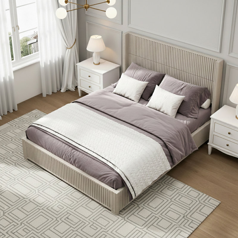 Queen Size Platform Bed With Headboard, Beige, Queen