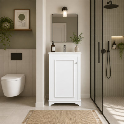 Meuble-lavabo de 20 po avec lavabo en céramique, ensemble de meuble-lavabo simple autoportant avec porte à fermeture douce, tablette réglable, style moderne