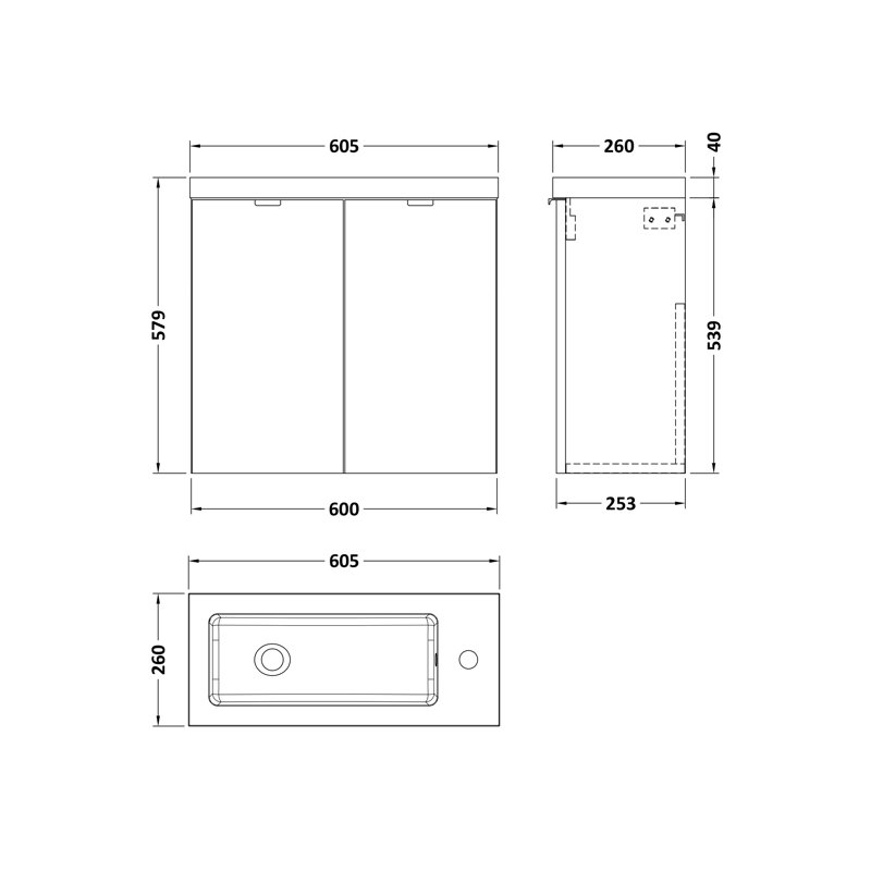 603mm Single Bathroom Vanity with Drop In Poly Marble Basin