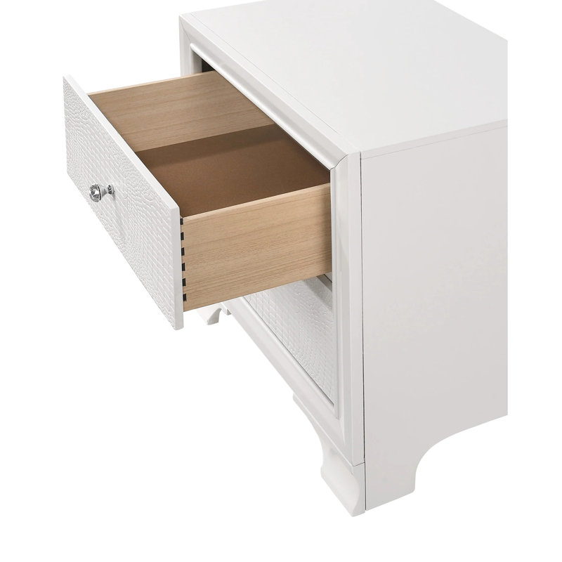 Table de chevet unie et deux tiroirs en givre blanc avec finition texturée de style moderne crocodile