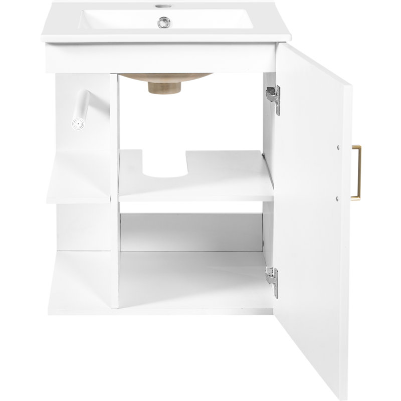 Meuble-lavabo mural, lavabo, armoire de 50 cm, fines rayures sculptées, tablette latérale ouverte, articles de toilette, armoire de rangement fermée de 76 cm, lavabo rectangulaire en céramique, aspect flottant pour créer un espace aéré.
