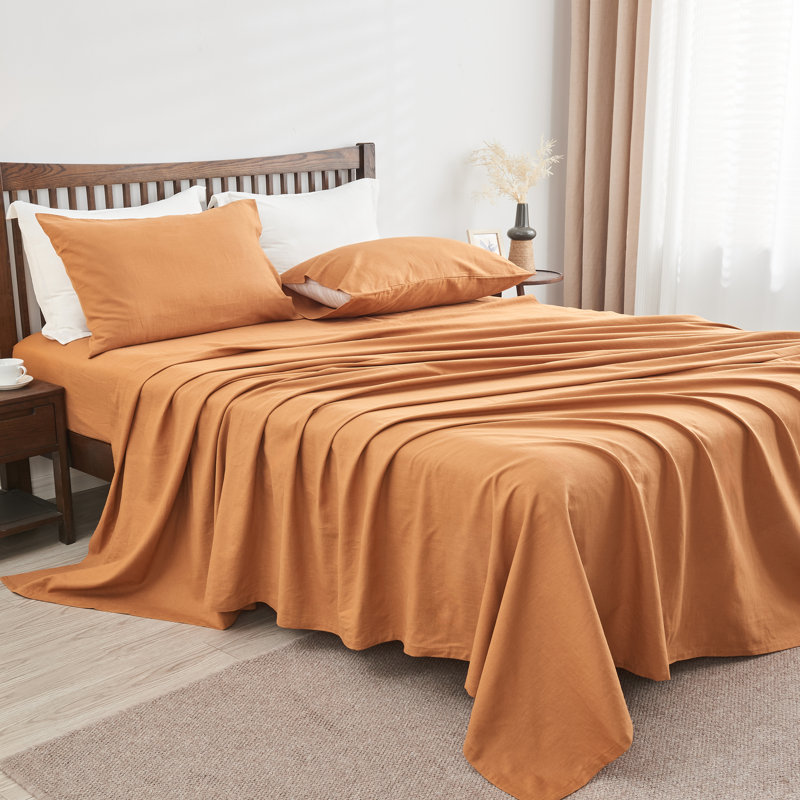 Ensemble de draps en lin, Ensemble de draps pour grand lit avec 2 taies d'or, Brun
