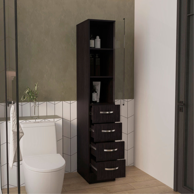 Linen Cabinet, Three Shelves, Four Drawers, Black
