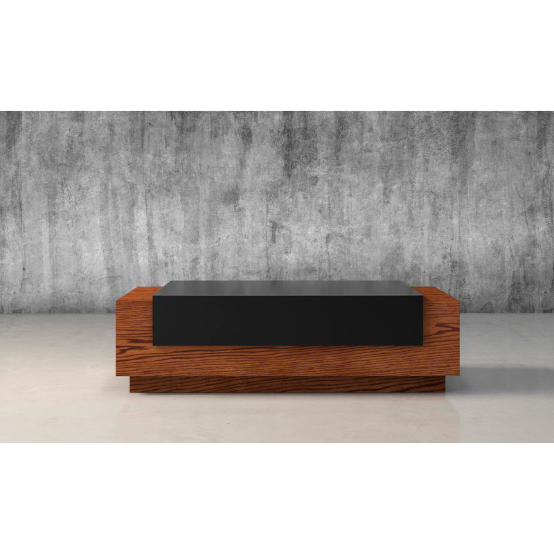 Warm Honey Oak Rectangular Coffee Table with High Gloss Black Accent