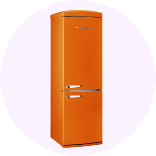Retro-style orange refrigerator with chrome handles on a light purple circular background