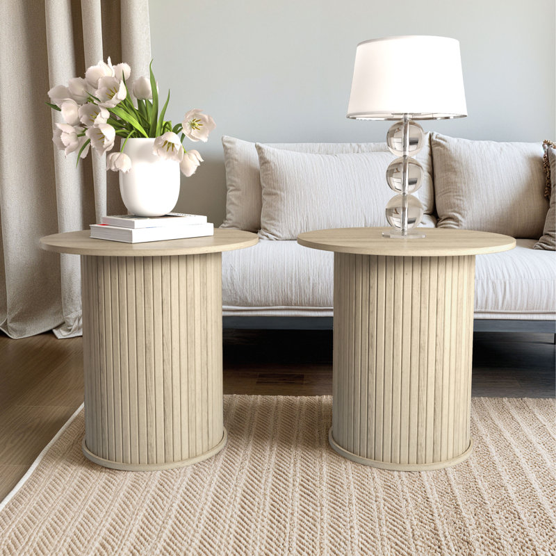 Aurel Modern 21.7" Fluted Pedestal Round End Table, Oak