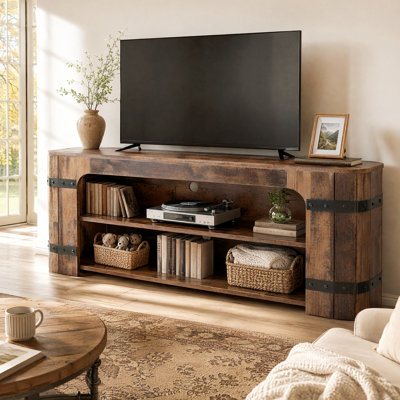 Meuble télé 63 po avec rangement ouvert à 2 niveaux et détails en métal