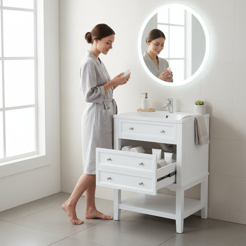 Meuble-lavabo blanc 24 po avec lavabo en céramique, base de rangement en bois massif