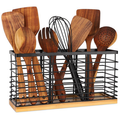 Utensil Holder For Kitchen Counter, Kitchen Cooking Utensil Holder Organizer With Wooden Base Matte Black (3 Compartments)