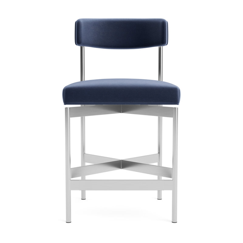 Remy Bar Stool, Counter Stool (25” Seat Height), Performance Velvet - Indigo, Brushed Stainless Steel