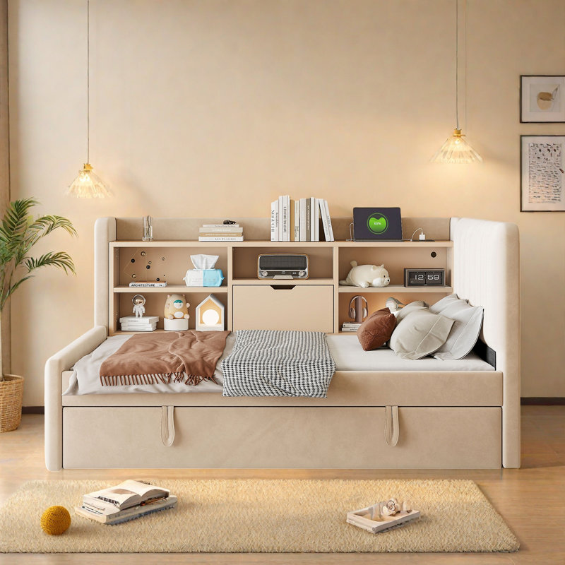 Lit de jour d'angle rembourré avec lit gigogne, bibliothèque et prises de courant, Beige