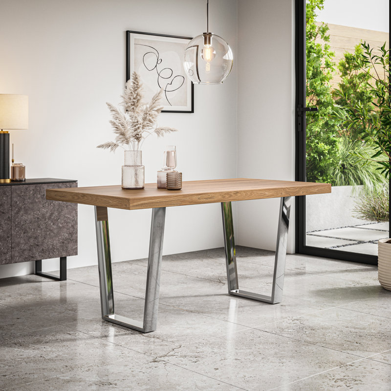 Dayatra Dining Table Modern Table w Chrome Legs, Natural Wood