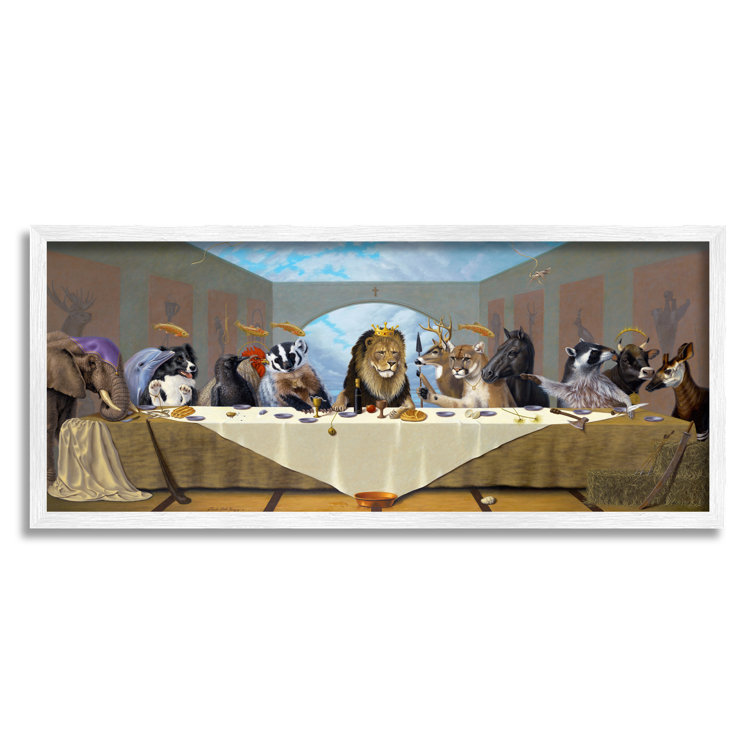 30" H x 13" W x 1.5" D Last Supper Safari Animal Version King Lion Oversized White Framed Giclee Texturized Art By Linda Ridd Herzon