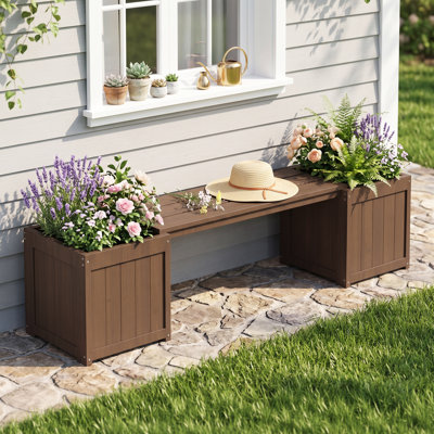 2-in-1 HDPE Outdoor Planter Bench with Two Flower Boxes, All-Weather Garden Raised Bed with Seat for Patio, Porch, Backyard and Deck