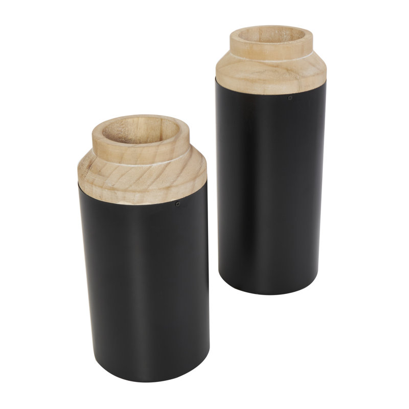 Wood Color block Decorative Black Vase with Light Brown Wood Tops Set