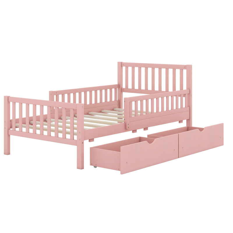 Wood Platform Bed With Guardrails On Both Sides And Drawers, Pink, Twin