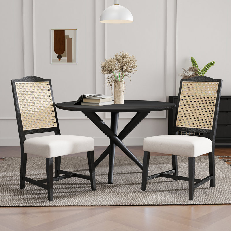 Evgenia Rattan Dining Chairs Linen Upholstered Dining Room Chairs with Cane Back, Black