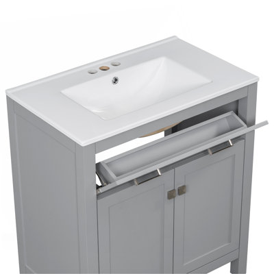 Meuble-lavabo de 30 po avec lavabo en céramique, armoire de salle de bain simple grise moderne avec 2 portes et une tablette, portes à fermeture douce