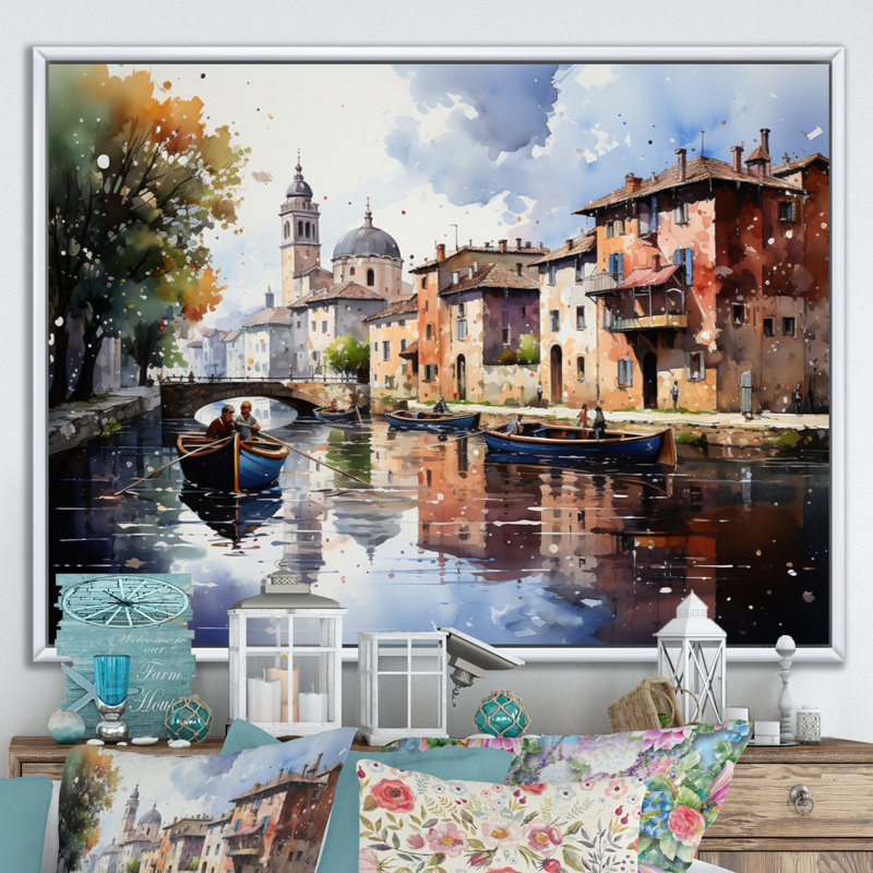 «Beige Canal Waterway Pointillism», reproduction sur toile, H 34 po x l 44 po x P 1,5 po, Cadre naturel flottant