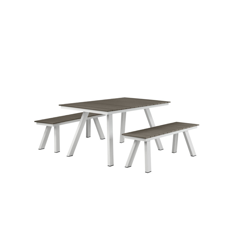 Jack 6-Person Outdoor Dining Set with Polyresin Teak Table and Two Benches, White Frame and Grey Polyresin, Brown