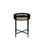 Table de bout noire avec surface en bois, pieds en métal, insert et fonctionnalité de rangement ronde et noire, plateau, pieds