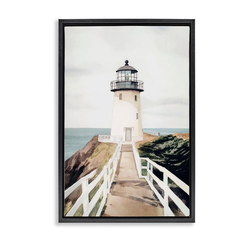 Cadre flottant avec aquarelle et sentier de phare, design par Sissi et Seb, Cadre flottant noir de jais, H 25 po x l 17 po