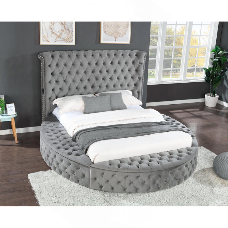 Grand lit de rangement touffeté Hazel en bois gris, Gris