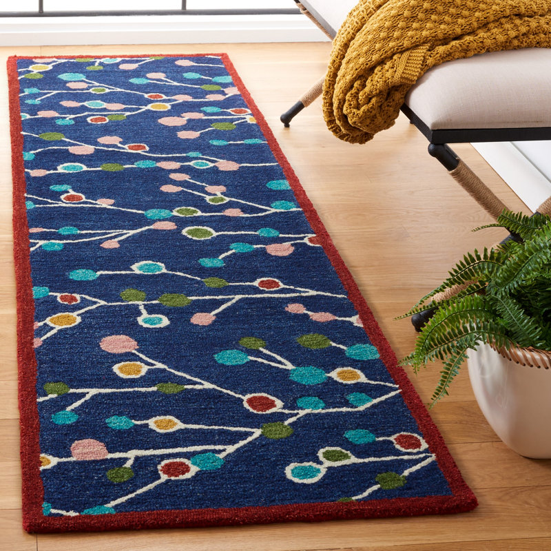 Jalayiah Hand Tufted Wool/Cotton Abstract Rug in Blue/Pink, Runner 2'3" x 8'
