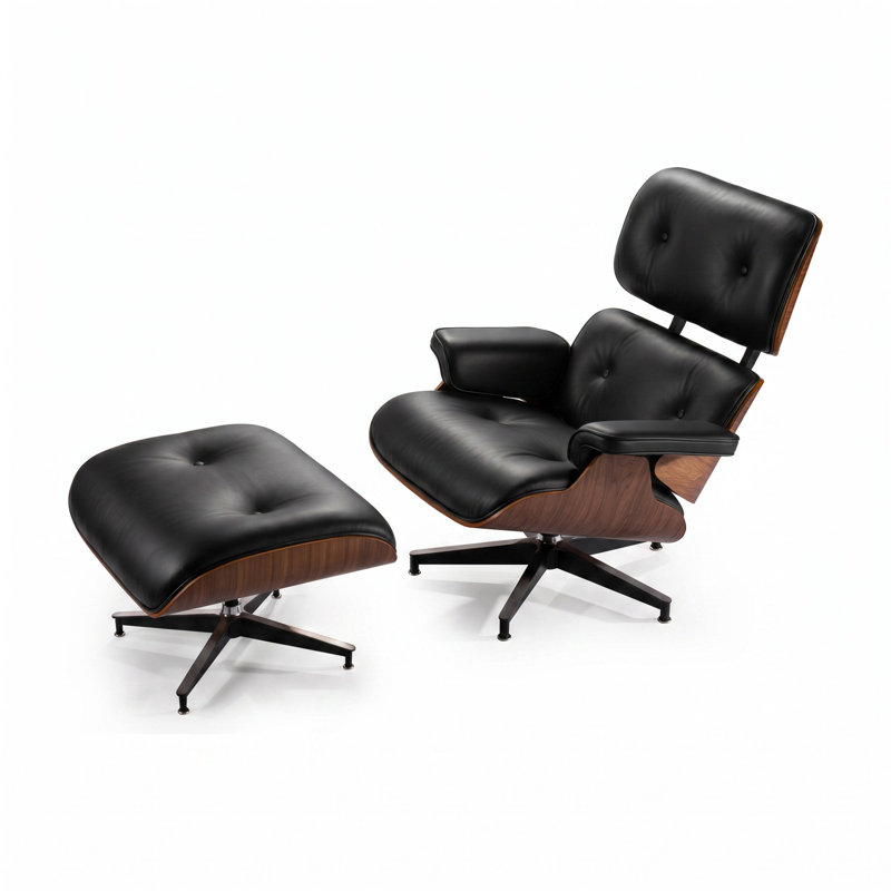 Chaise longue pivotante en cuir Mid-Century avec repose-pieds, coque en bois double face et base en aluminium, Noir/noyer