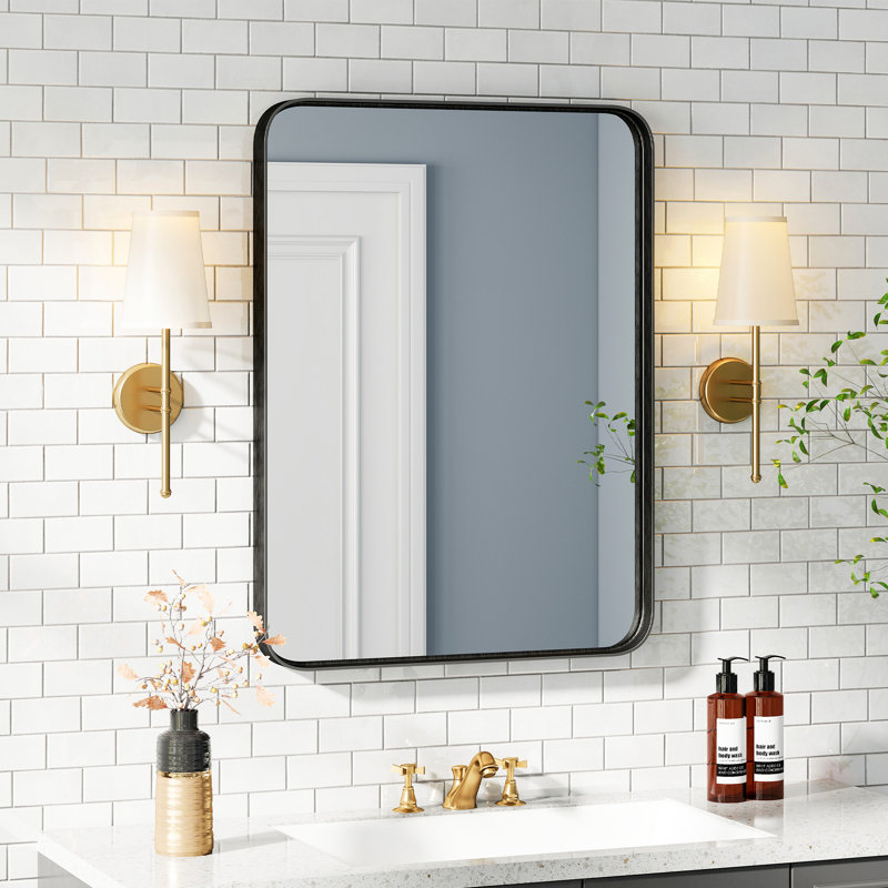 Miroir rectangulaire arrondi avec cadre en aluminium, miroir de meuble-lavabo mural, miroir d'entrée / horizontal moderne