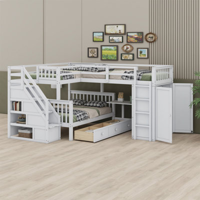 L-Shaped Bunk Bed With 3 Drawers,Portable Desk And Wardrobe