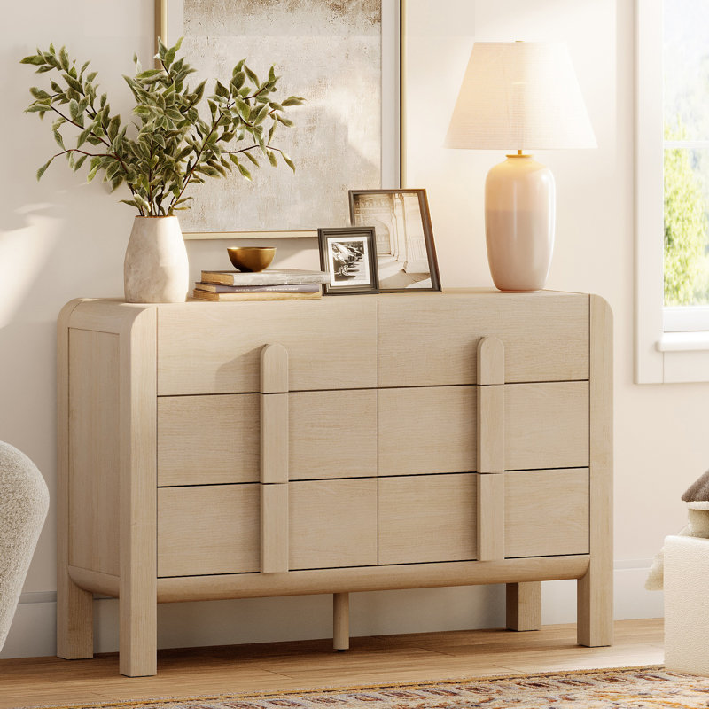 Adora Mid Century 6 Drawer Dresser For Bedroom, Wide Modern Chest Of Drawers With Curved Profile Design, Wood Closet Clothes Storage Organizer For Bedroom, Living Room