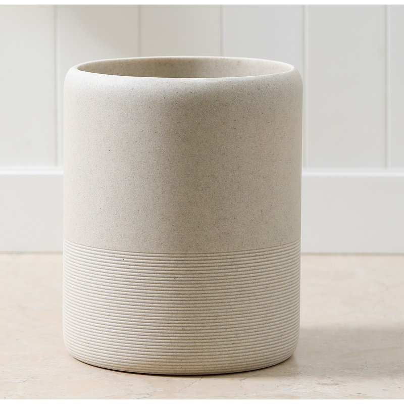 Beige Polyresin Marble Look Round Wastebasket
