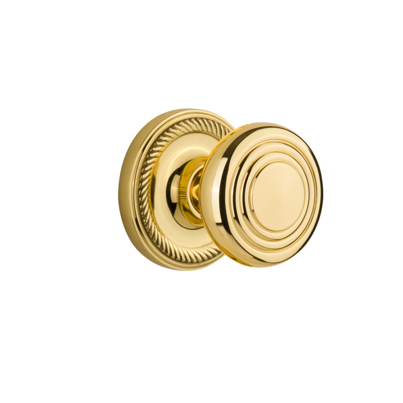 Deco Interior Mortise Door Knob with Rope Rosette, Polished Brass, 2 1/4