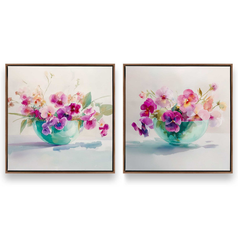 «Blossoms in Glass», ensemble de 2 impressions, 16 po x 16 po, Cadre flottant en noyer