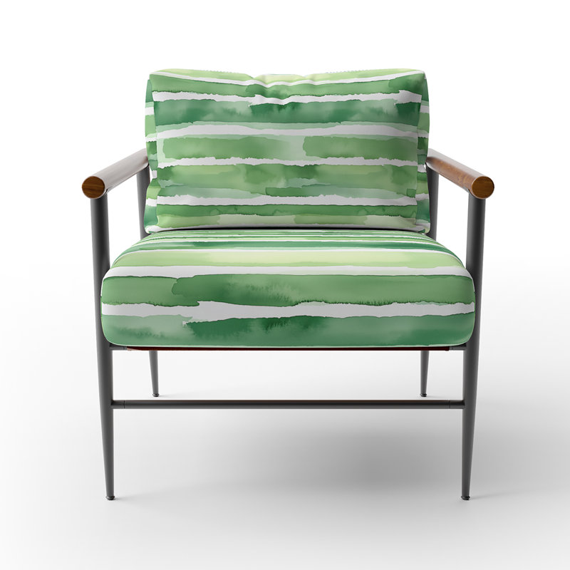 Chaise rembourrée rayée - vert et blanc, Bras ronds bruns