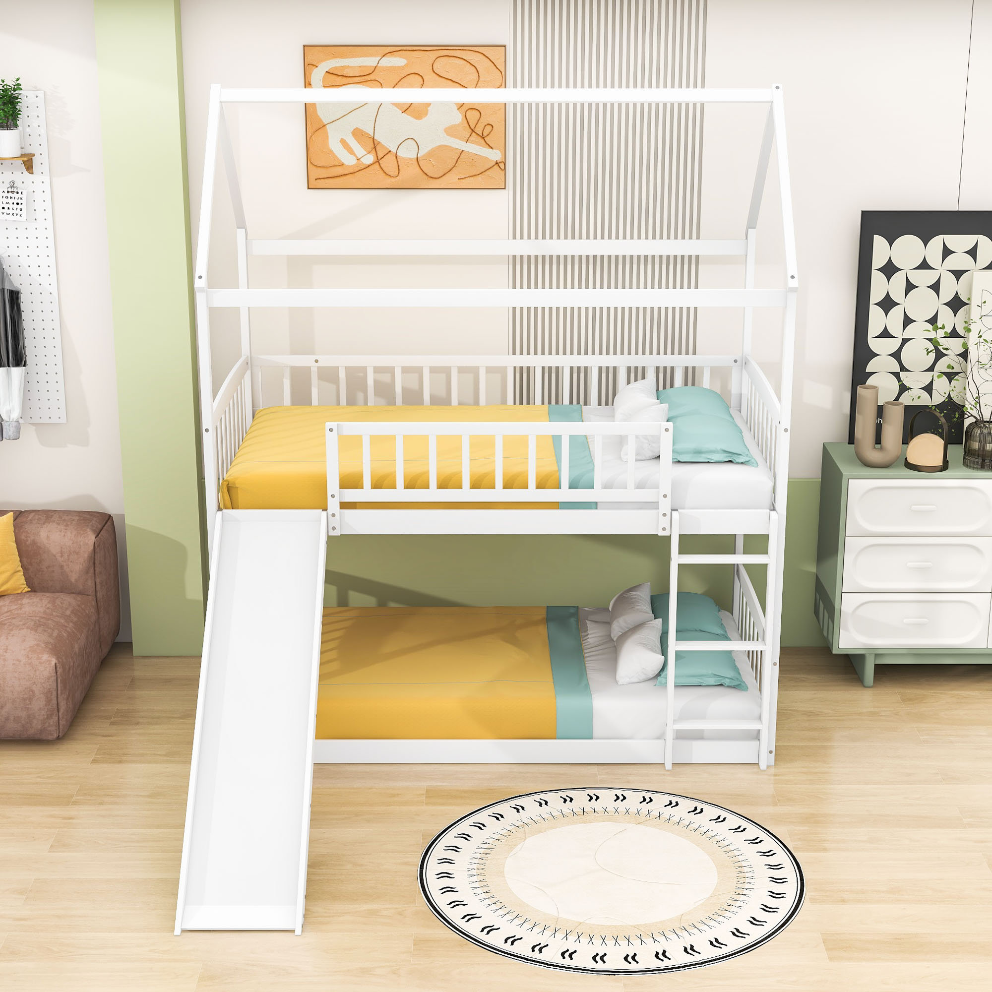 Harriet Bee Twin Over Twin House Bunk Bed with Slide, Guardrails and ...