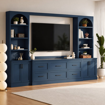 Meuble télé mural tout-en-un avec étagères et tiroirs, console multimédia moderne pour téléviseurs jusqu'à 70 pouces.