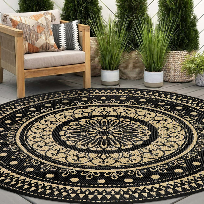 Round Patio Rug 6Ft Reversible Outdoor Rugs Waterproof Plastic Straw Rug Lightweight Portable Camping Mat for RV Deck Backyard Black and Coffee