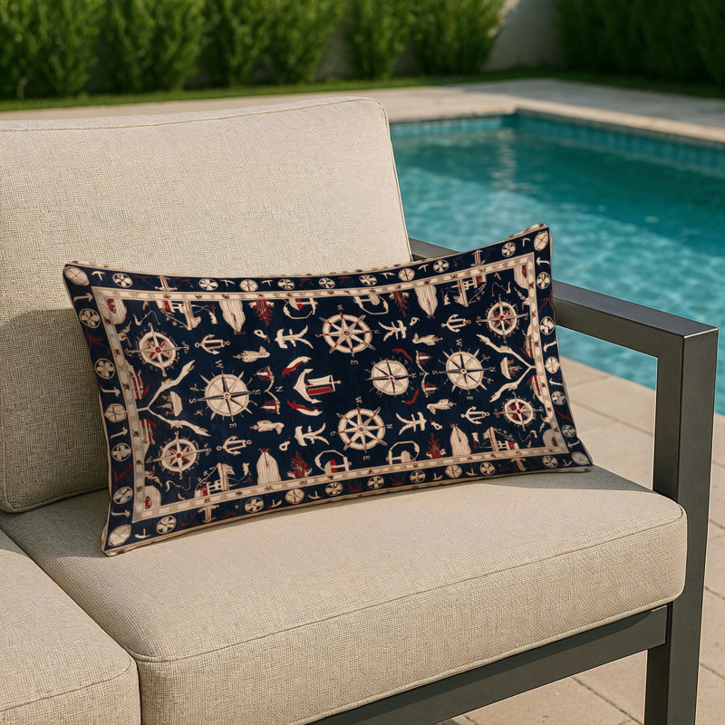 Nautical Indoor and Outdoor Pillow, Black Mediterranean Maritime, Rectangle 25" x 18"