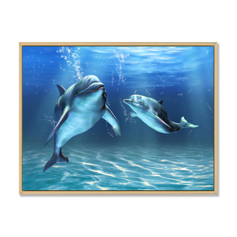 Deux dauphins bleus - Impression sur toile, Cadre flottant en érable, H 34 po x l 44 po