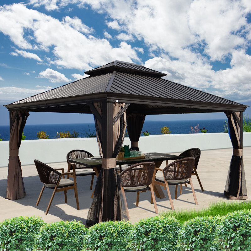 Alexander Dark Brown Double Roof Hardtop Gazebo with Curtain and Mosquito Netting, 12 ft x 14 ft