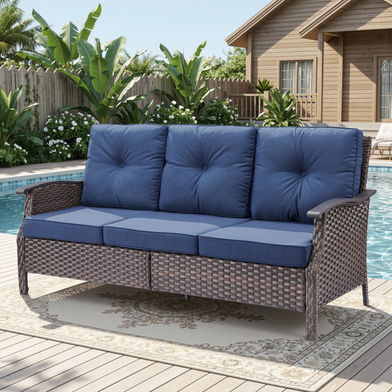 All-Weather Outdoor Wicker Patio Contoured Armrests Sofa With Cushions, Blue