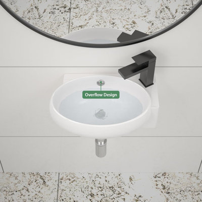 Lavabo de salle de bain mural mural en céramique avec trou de robinet droit, conception compacte pour petits espaces, durable et facile à nettoyer
