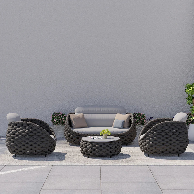 4-Person Outdoor Sofa Set with Swivel Arm Chairs, Woven Rope Design & Faux Marble Coffee Table, Waterproof Patio Seating Group