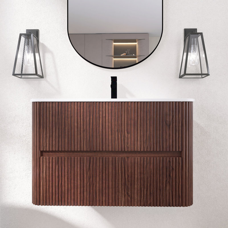 Meuble-lavabo flottant 30 po avec tiroirs, meuble à grain de bois rétro en noyer avec cuve en céramique intégrée, 30"