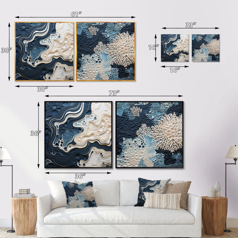 Collage abstrait crème et bleu - ensemble de 2 collages carrés abstraits, H 16 po x l 33 po, Cadre flottant doré