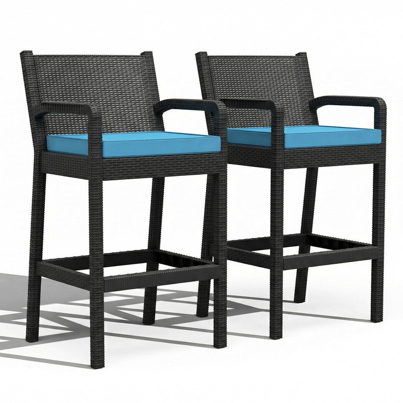 Ensemble de 2 tabourets de bar de patio de 30 po avec coussins, chaises de bar en osier pour la cour, le jardin ou le bord de la piscine