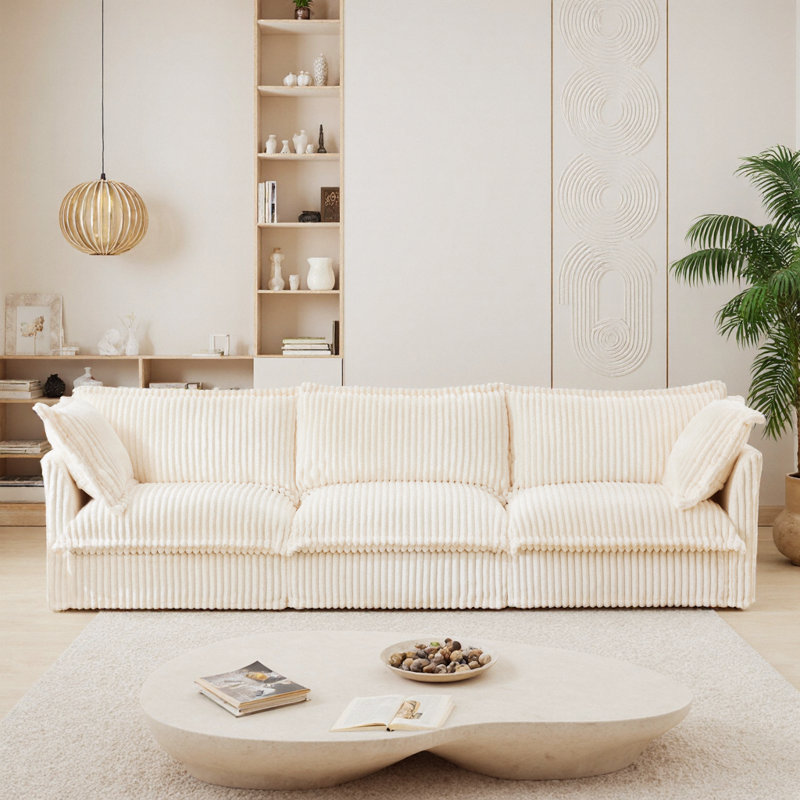 Canapé 3 places en velours côtelé crème - Siège profond, accoudoirs et coussins moelleux, meubles de salon confortables pour appartements