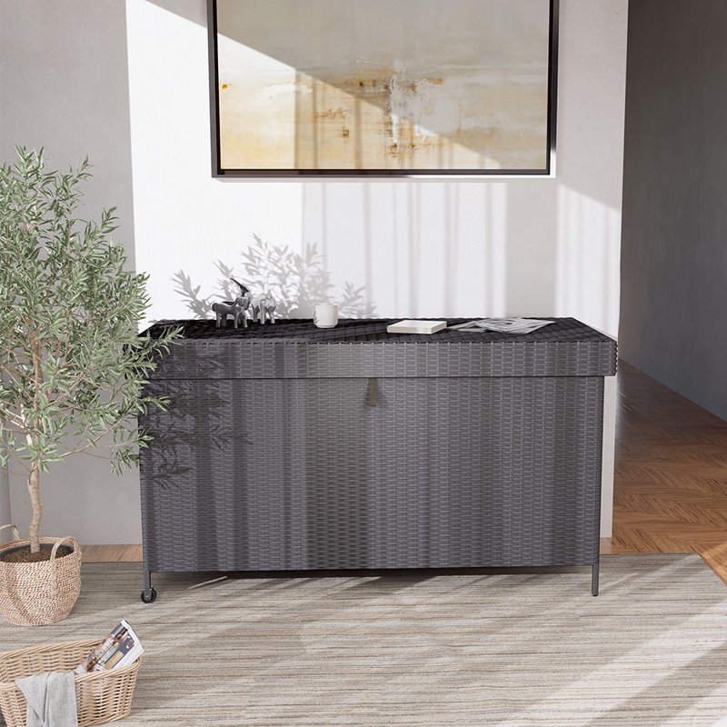 Blue Elephant 153.55cm W 643.5L Water Resistant Wicker Deck Box with Wheels, Black